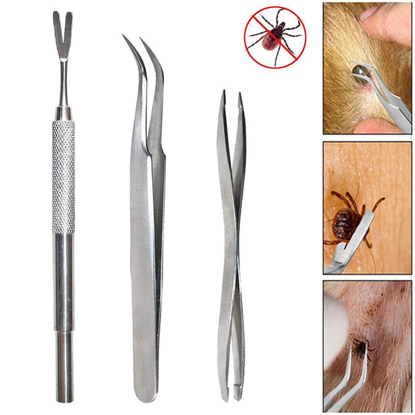 3pcs Pet Cat Dog Tick Remover Tool Stainless Steel Fleas Tweezers Clip Kit Set