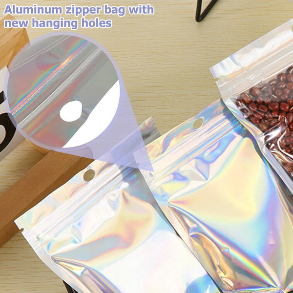 50-200 Food Storage Pouch Holographic Resealable Mylar Ziplock Aluminum Foil Bag