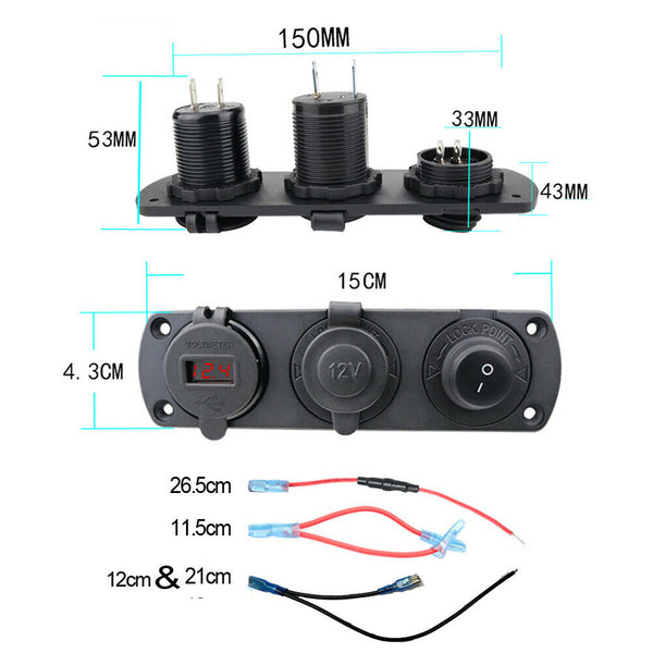 12/24V Switch Panel Cigarette Lighter Socket Car Dual USB Adapter Charger Marine