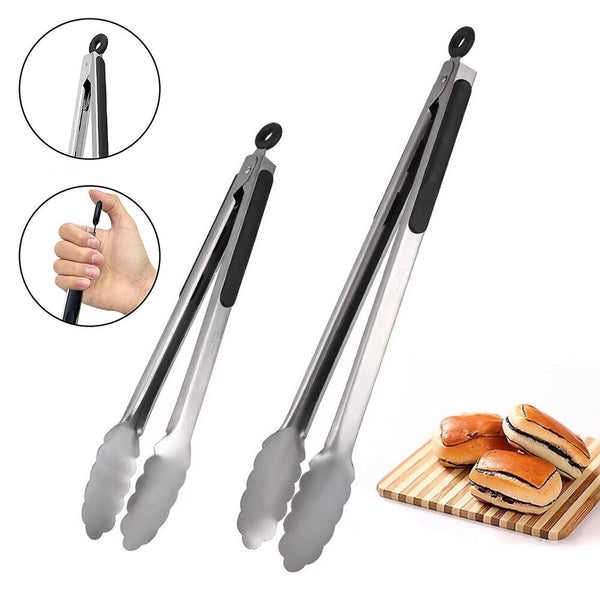 2pcs Heavy Duty Stainless Steel Tongs 27/34cm Kitchen Clip Food Holder Non-Slip