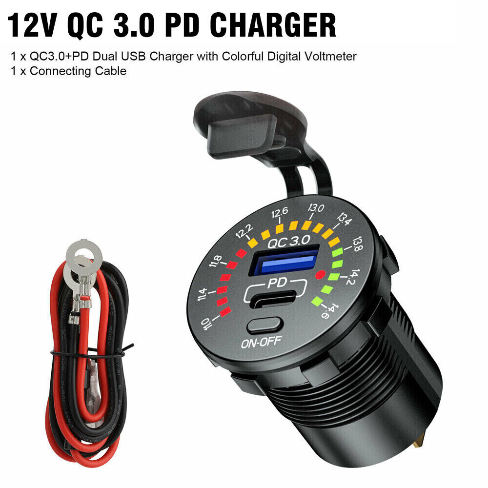 PD Type C USB Car Charger and QC 3.0 Charger 12V Power Outlet Socket ON / Off