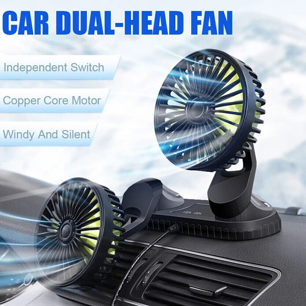 USB Powered Car Fan Dual Head 3-Speed Dashboard Rotation Cooling Fan Air Cooler