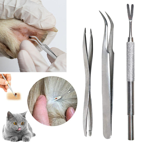 3pcs Pet Cat Dog Tick Remover Tool Stainless Steel Fleas Tweezers Clip Kit Set