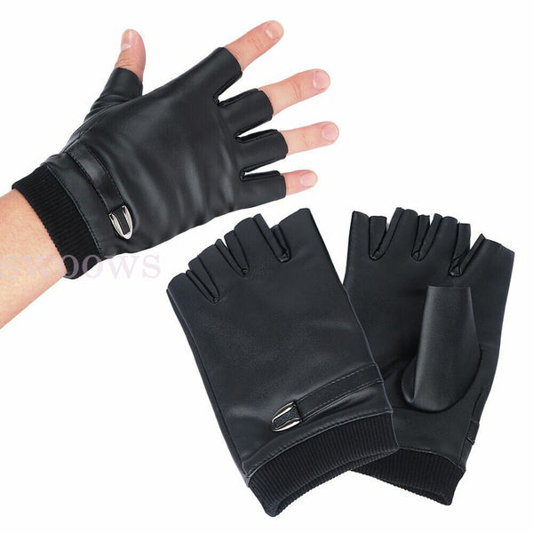 Mens Motorcycle Fingerless Leather Half Finger Driving Biker Black Gloves