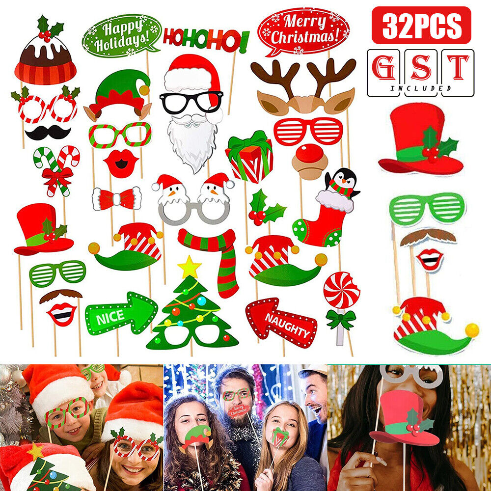 Christmas Photo Booth Props Selfie Props Accessories Santa Christmas Party 32pcs