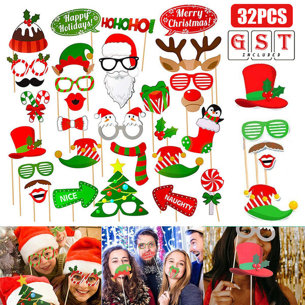 Christmas Photo Booth Props Selfie Props Accessories Santa Christmas Party 32pcs