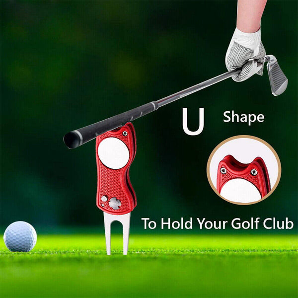 Foldable Metal Golf Divot Repair Tool with Pop-up Button & Magnetic Ball Marker