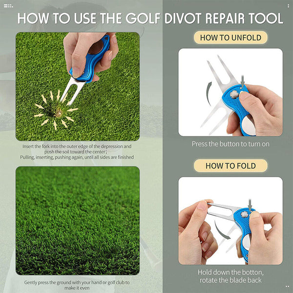 Foldable Metal Golf Divot Repair Tool with Pop-up Button & Magnetic Ball Marker