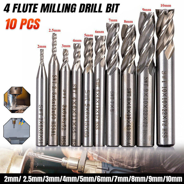 10Pcs 4 Flute Milling Drill Bit Cutter Carbide End Mill CNC Tools 2-10mm Milling