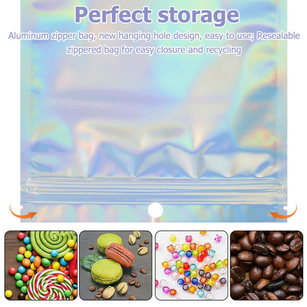 50-200 Food Storage Pouch Holographic Resealable Mylar Ziplock Aluminum Foil Bag
