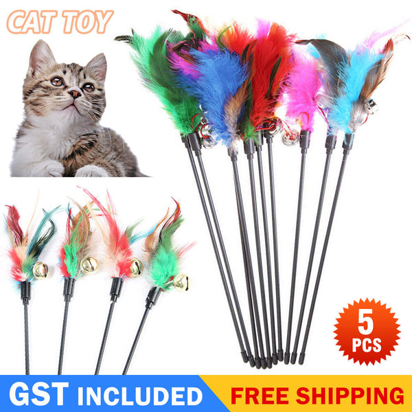 5X Cat Toy Play Feather Teaser Wand Interactive Stick Kitten Pet Fun Wire Bell