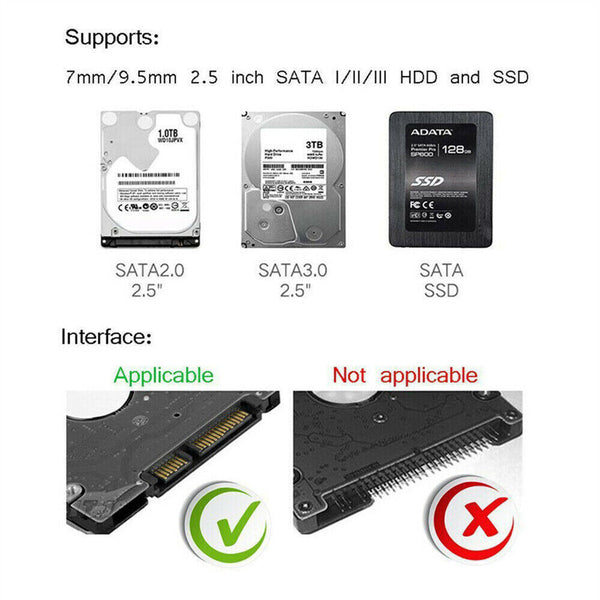 Black USB 3.0 Hard Drive Disk 2.5" SATA HDD SSD External Slim Enclosure Case