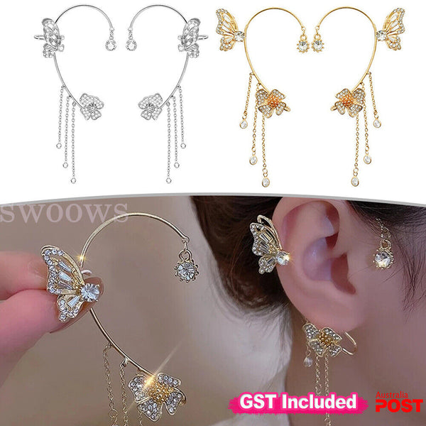 Zircon Butterfly Tassel Ear Cuff Clip Non Piercing Ear Clip Wrap Ladies Earrings