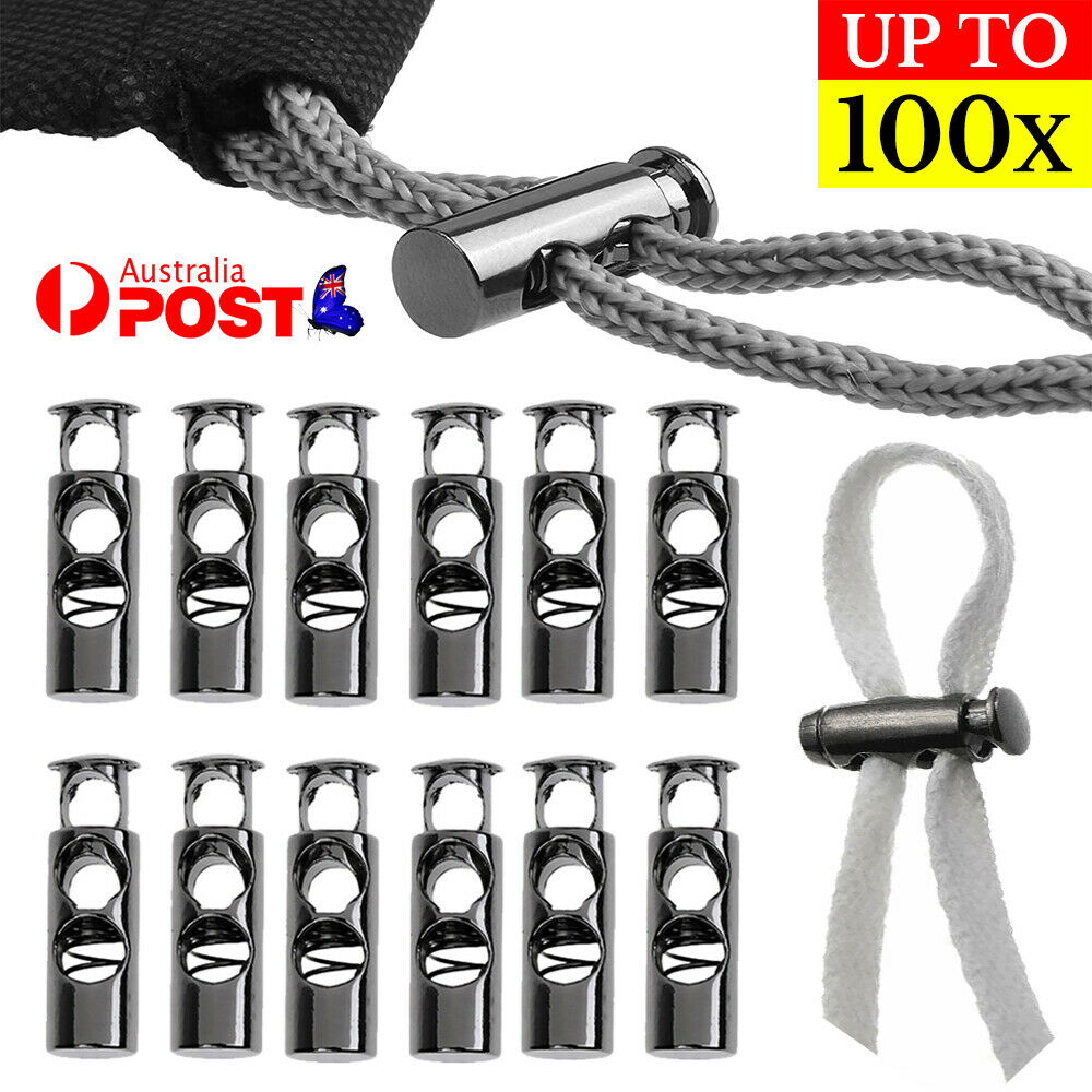 UPTO 100X Double Hole Metal Cord Lock Apparel Clamp Barrel Toggle Spring Stopper