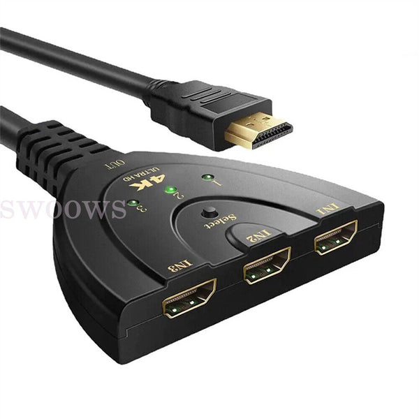 4K Ultra HD 3 Way HDMI Switch Splitter HDTV Auto 3 Port IN 1 OUT with Cable