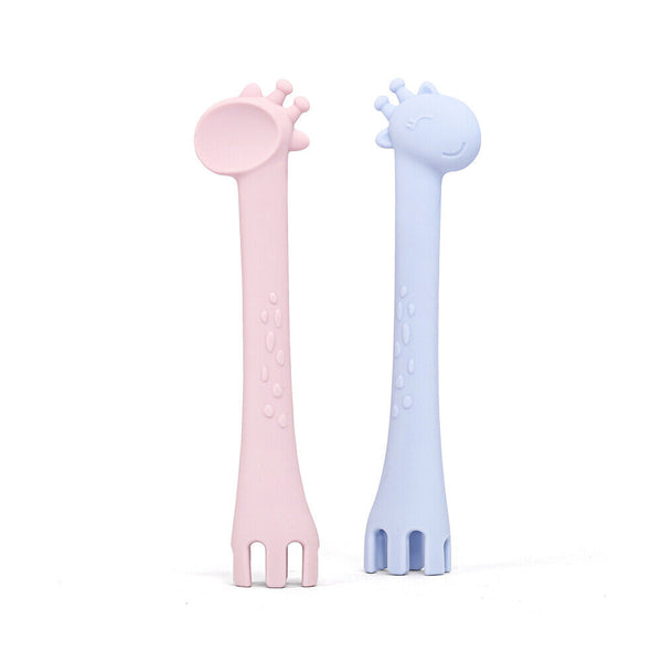 2 In 1 Safety Tableware Feeding Spoon Fork Giraffe Silicone Baby Spoon Cartoon