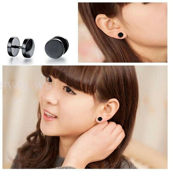 Pair Black Flat Round Barbell Plug Stud Earrings Gym Mens Stainless Steel 5-10mm