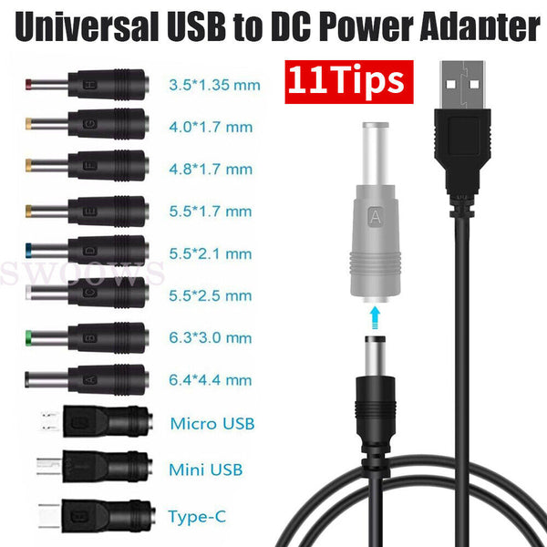 11-20Tips USB to 5.5 mm/2.1 mm 5 Volt DC Barrel Jack Plug Charging 1M Power Cord
