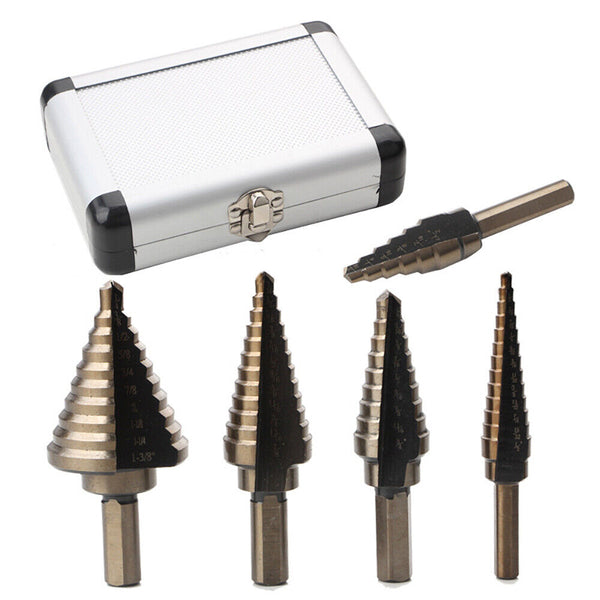 5PCS HSS Step Steel Cone Drill Hole Cutter Titanium Bits Set Kit + Aluminum Case