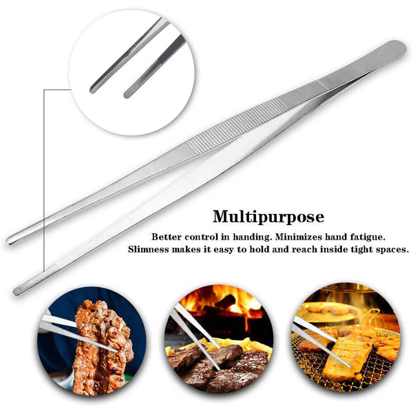 NEW Silver Stainless Steel Long Food Tongs Straight Tweezers Kitchen Tool