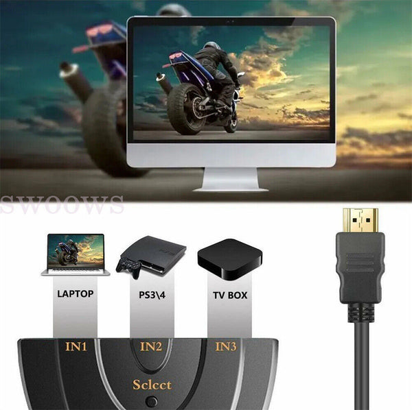 4K Ultra HD 3 Way HDMI Switch Splitter HDTV Auto 3 Port IN 1 OUT with Cable