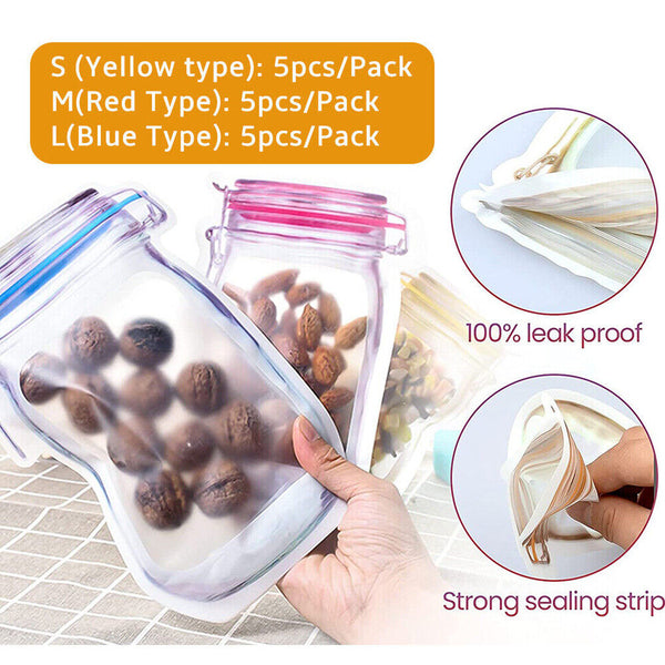 Mason Jar Reusable Style Pack Food Washable Storage Bags PE Stand Pouch Bag