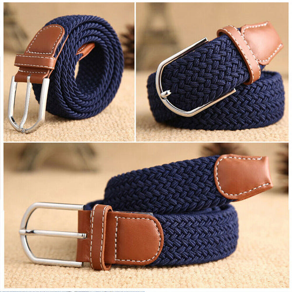 Unisex Stretch Elastic Braided Woven Canvas Buckle Jeans Waist Belt Waistband