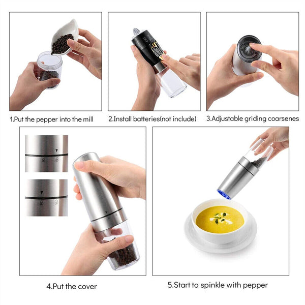 Salt Pepper Mill Grinder Automatic Battery-Operated LED Shakers Gravity Electric