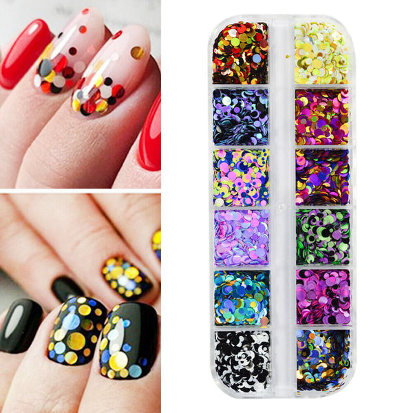 12 Color Mixed Round Confetti Sequins Nail Art Holographic Dots Flake Decal