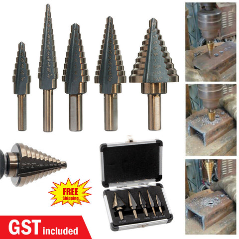 5PCS HSS Step Steel Cone Drill Hole Cutter Titanium Bits Set Kit + Aluminum Case