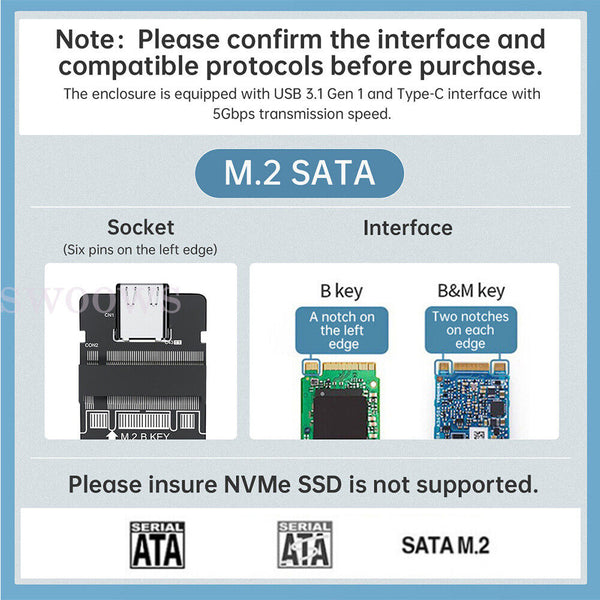 Aluminium M.2 NVMe SSD SATA TO USB 3.1 External Enclosure Storage Case Adapter