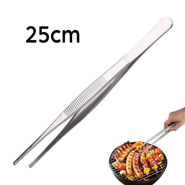 NEW Silver Stainless Steel Long Food Tongs Straight Tweezers Kitchen Tool