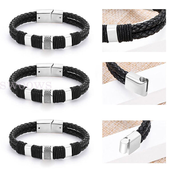 Men's Stainless Steel Magnetic Buckle Bracelet Bangle Cuff Leather Braided