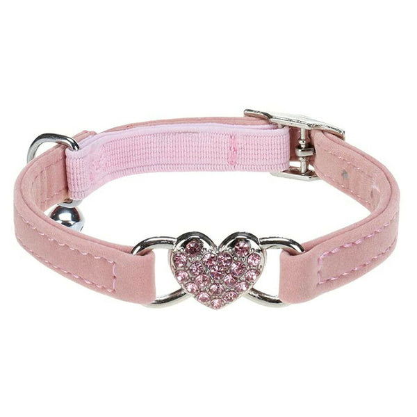 Suede Collar Cat Kitten Dog Puppy Pet Safety Release Adjustable Heart Bling Pink