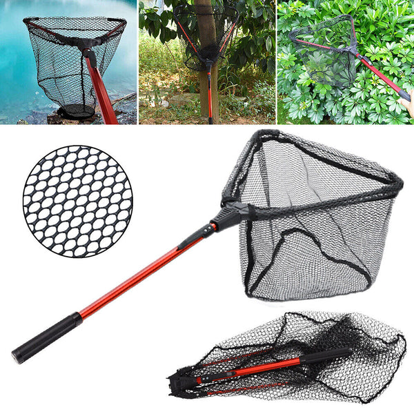 Fishing Landing Net Aluminum Alloy Red Portable Fish Mesh Foldable Pole Handle A