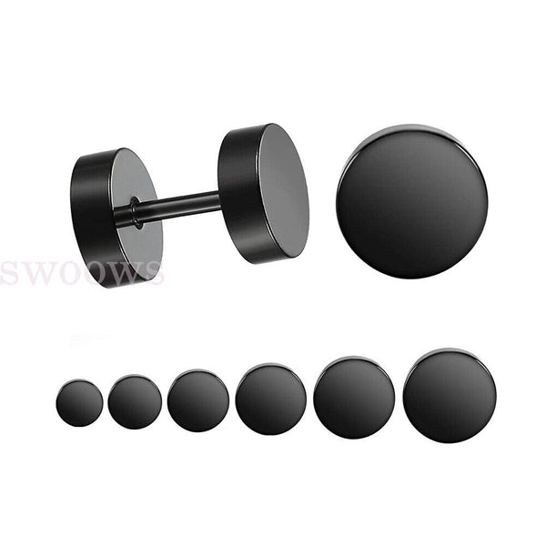 Pair Black Flat Round Barbell Plug Stud Earrings Gym Mens Stainless Steel 5-10mm