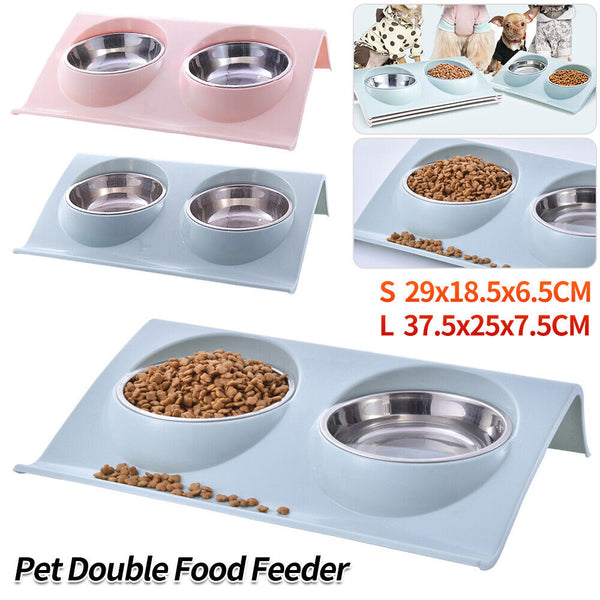 UP4x Stainless Steel Double Pet Bowl Twin Dog Food Feeder Station Dish Water Cat