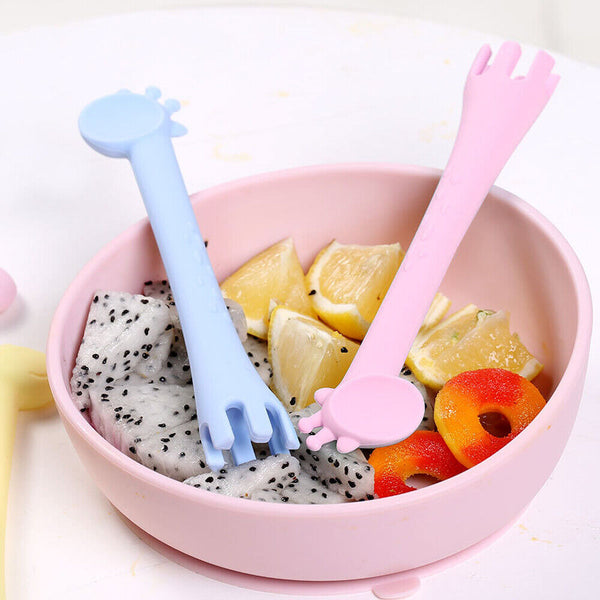 2 In 1 Safety Tableware Feeding Spoon Fork Giraffe Silicone Baby Spoon Cartoon