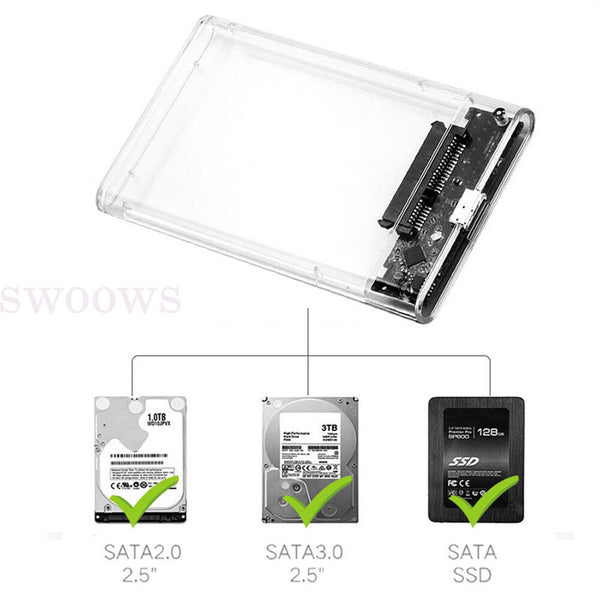 Hard Drive Enclosure USB 3.0 To SATA 2.5" External HDD SSD Case Disk TRANSPARENT