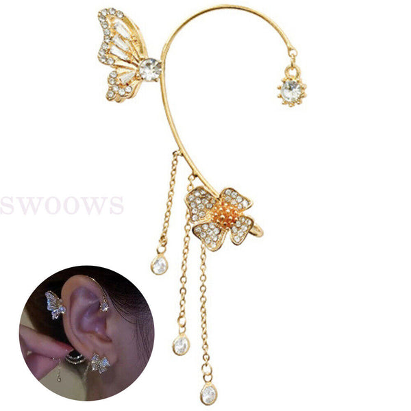 Zircon Butterfly Tassel Ear Cuff Clip Non Piercing Ear Clip Wrap Ladies Earrings