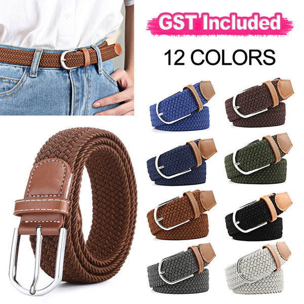 Unisex Stretch Elastic Braided Woven Canvas Buckle Jeans Waist Belt Waistband