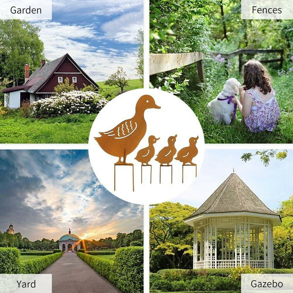 4X Metal Garden Family Duck Shape Stake Animal Retro Outdoor Sculpture Ornament