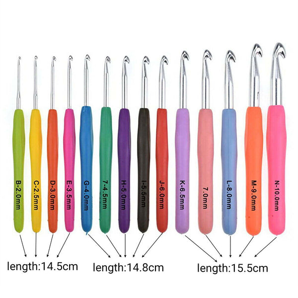 14PCS Knitting Needles Set Sewing Tools Crochet Hook Soft Grip Handles Mix Size