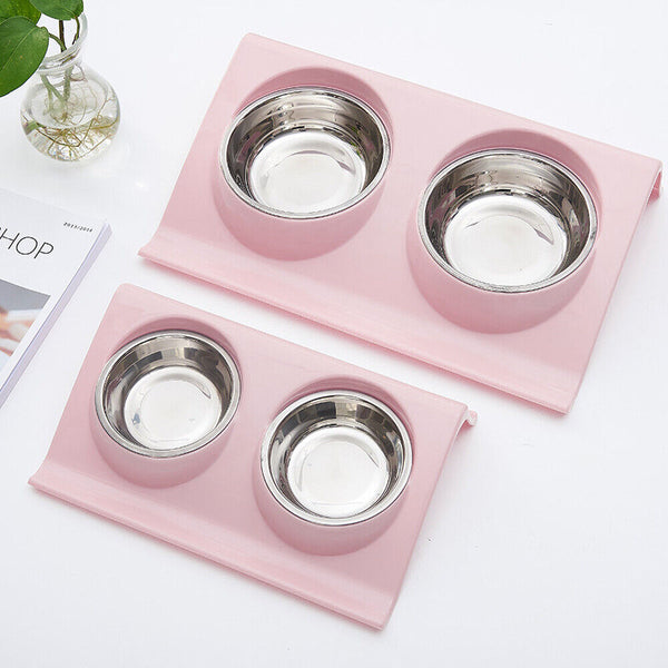 UP4x Stainless Steel Double Pet Bowl Twin Dog Food Feeder Station Dish Water Cat