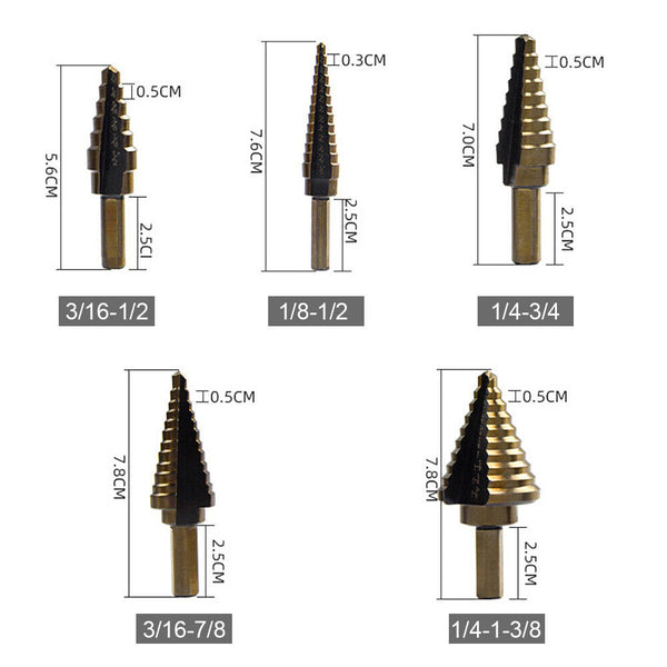 5PCS HSS Step Steel Cone Drill Hole Cutter Titanium Bits Set Kit + Aluminum Case