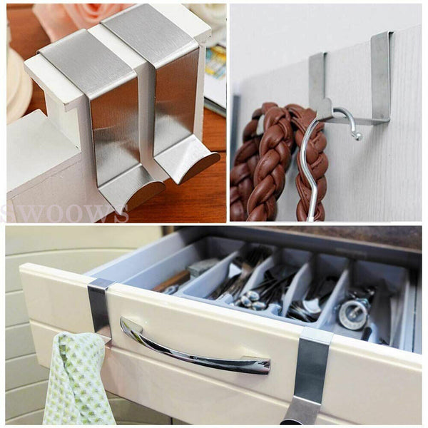 2/10 Stainless Steel Over the Door Hooks Kitchen Towel Holder Clothes Bag Hanger