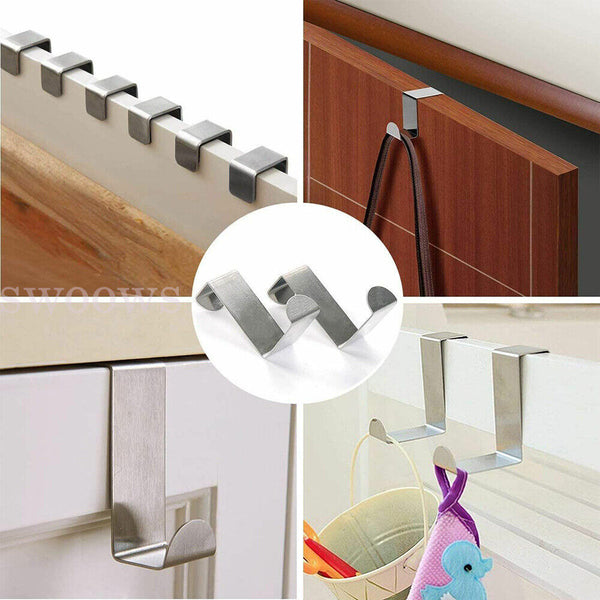 2/10 Stainless Steel Over the Door Hooks Kitchen Towel Holder Clothes Bag Hanger