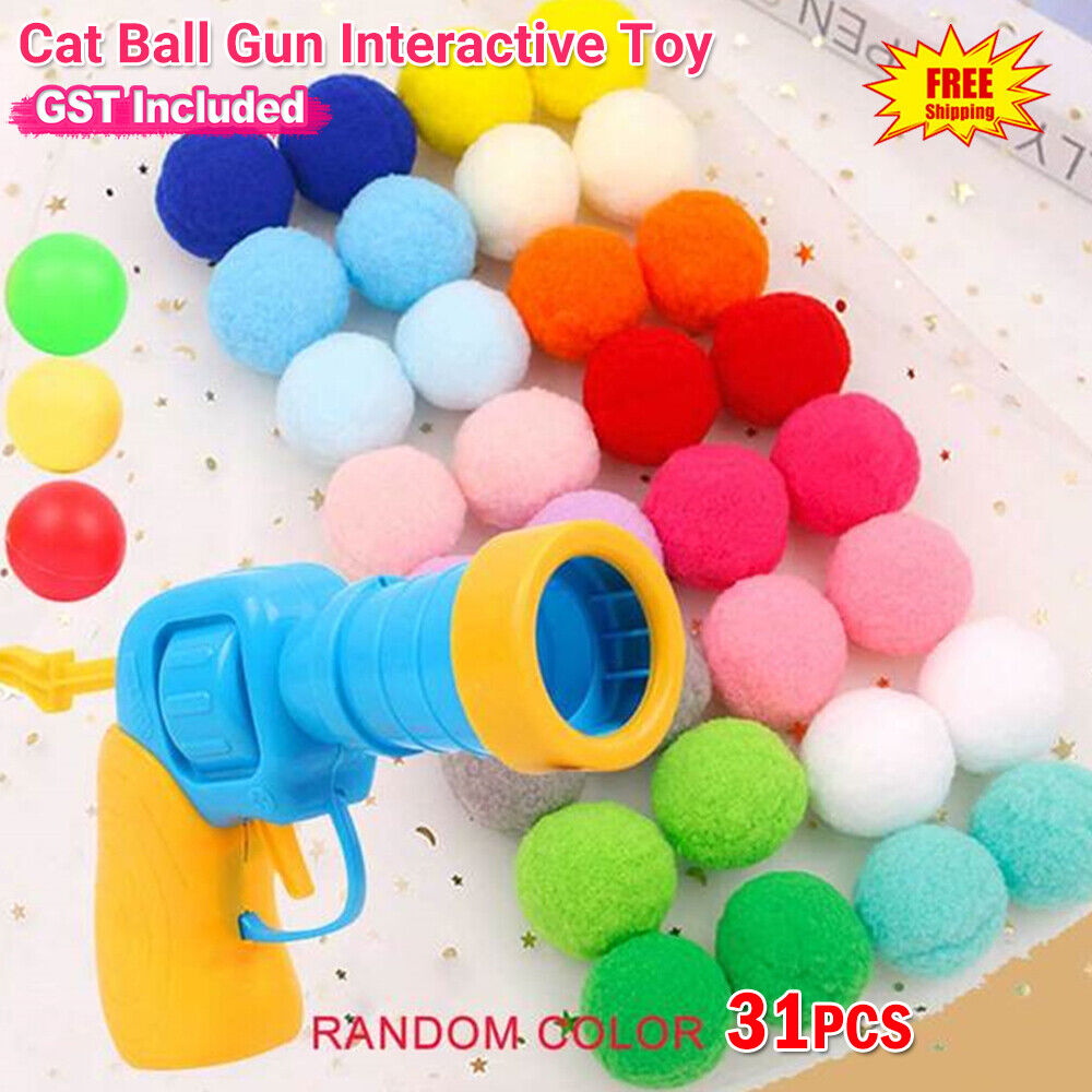 Cat Ball Gun Interactive Toy with 30pcs Colourful Stretch Plush Pom Pom Ball