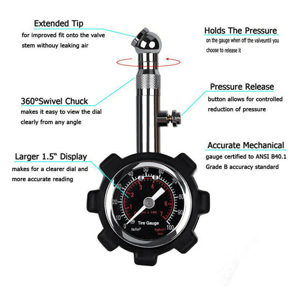 Tyre Air Measurement Tire Pressure Gauge 100 PSI Fit Car Truck Motorcycle Bike