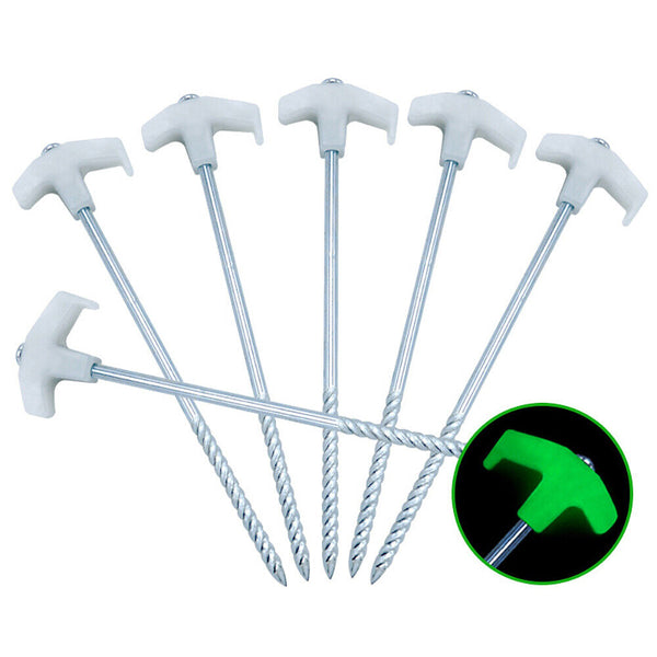 15x Heavy Duty Steel Screw / Drill Camping Tent Pegs with Glow in The Dark Head